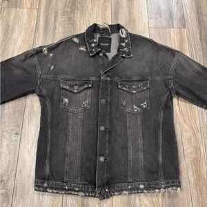 Men’s Jack and Jones Distressed Denim Grey Button Down Jean Jacket Size XL